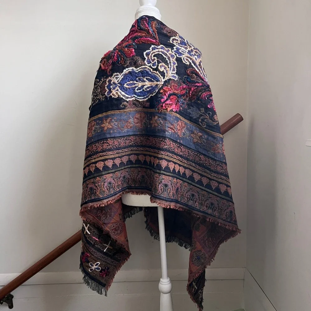 Vintage Boho Floral Tapestry Scarf Shawl Dark Artsy Forest Folk Chunky Wrap